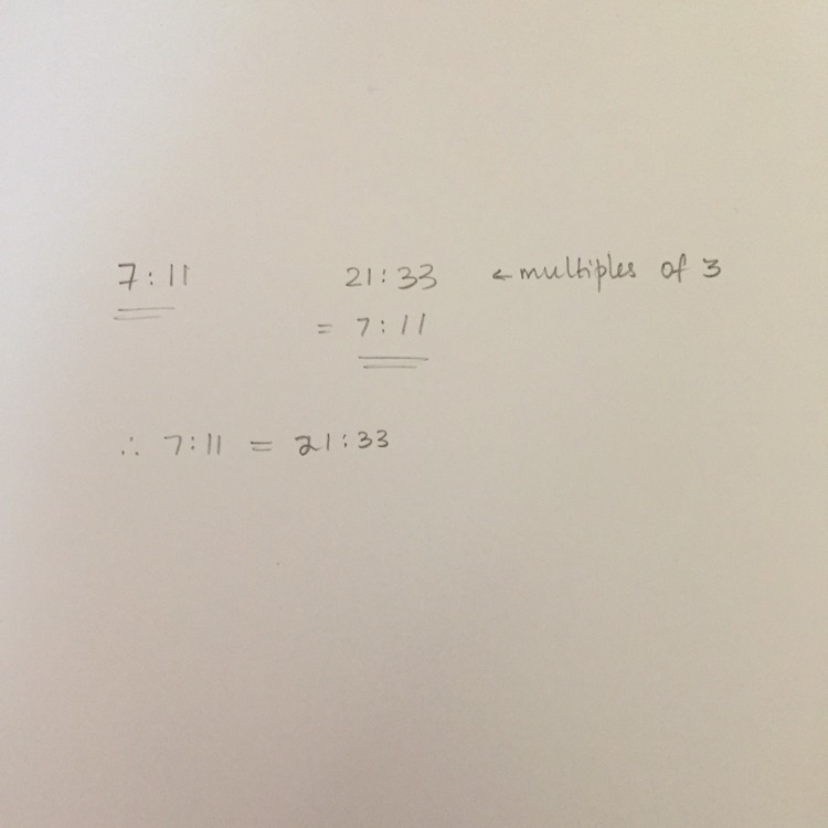 Is the ratios of 7:11 and 21:33 equal to?-example-1