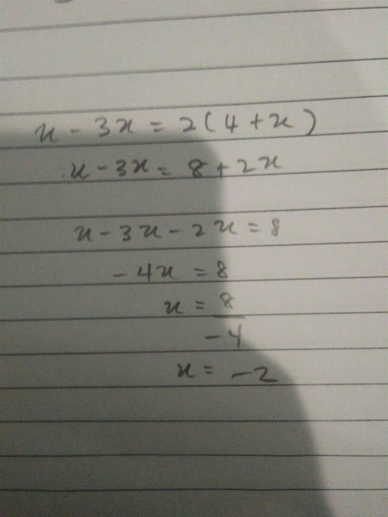 Which is the value of x that makes the given equation true? x – 3x = 2(4 + x) Show-example-1