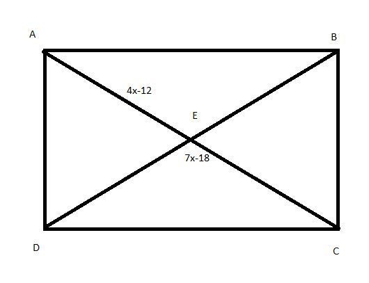 Quadrilateral ABCD is a rectangle. The diagonals intersect at point E. If AE=4x−12 and-example-1