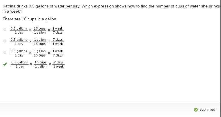 Katrina drinks 0.5 gallons of water per day. Which expression shows how to find the-example-1