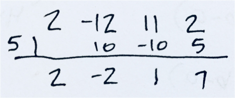 Find the remainder when f(x) = 2x3 − 12x2 + 11x + 2 is divided by x − 5. (2 points-example-1