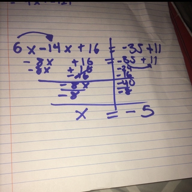 What is the solution to this equation? 6x - 14x + 16 = -35 + 11-example-1