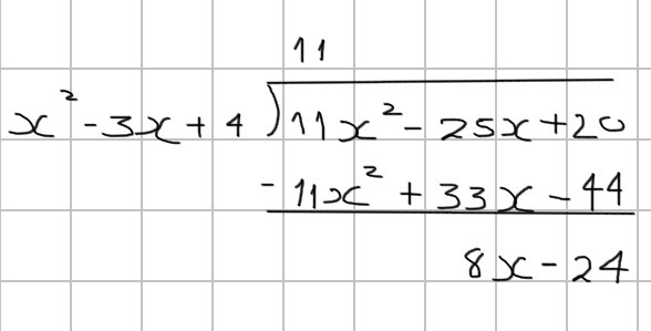 The table represents the start of the division of -2x+11x^2-23x+20 by x^2-3x+4-example-1