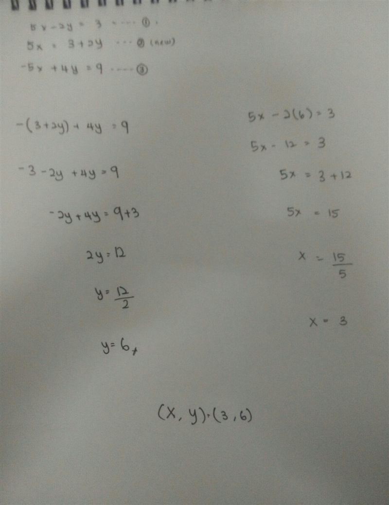 5x - 2y = 3 -5x + 4y = 9 Solve the system of equations. A) x = 6, y = 3 B) x = 6, y-example-1