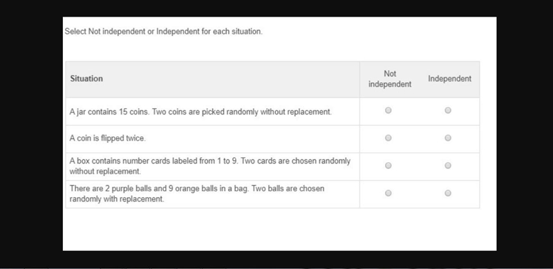 Select Not independent or Independent for each situation.-example-1