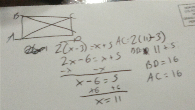 ABCD is a rectangle. Find the length of each diagonal. AC = 2(x-3) BD = x+5-example-1