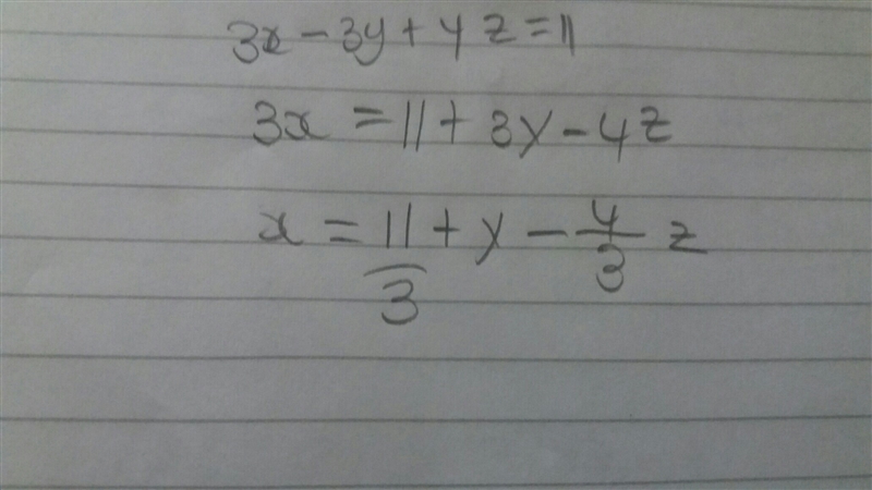 Solve the systems by eliminations 3x-3y+4z=11-example-1