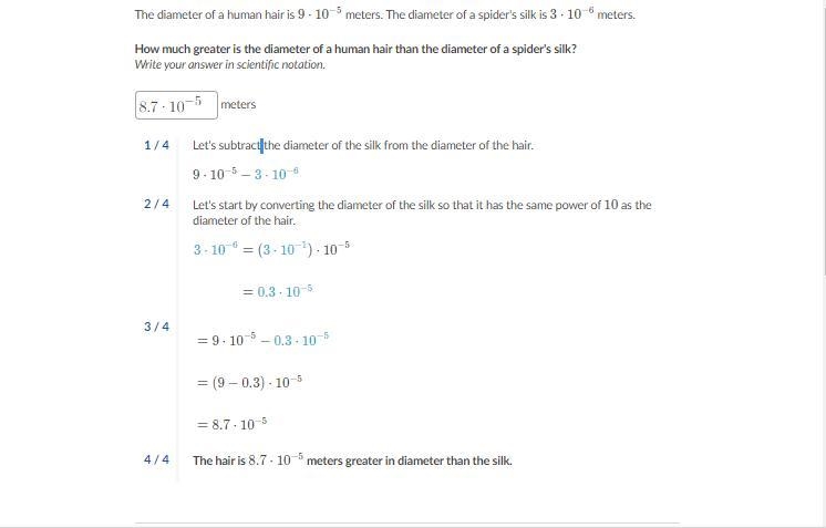 The diameter of a human hair is 9 \cdot 10^{-5}9⋅10 −5 9, dot, 10, start superscript-example-1