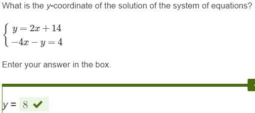 What is the y-coordinate of the solution of the system of equations? {y=2x+14 −4x-example-1