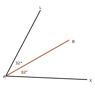 AB bisects angle LAX and angle LAB measures 32 degrees. Find the measure of angle-example-1