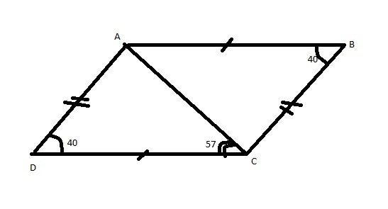 In parallelogram ABCD below, line AC is a diagonal, the measure of angle ABC is 40 degrees-example-1