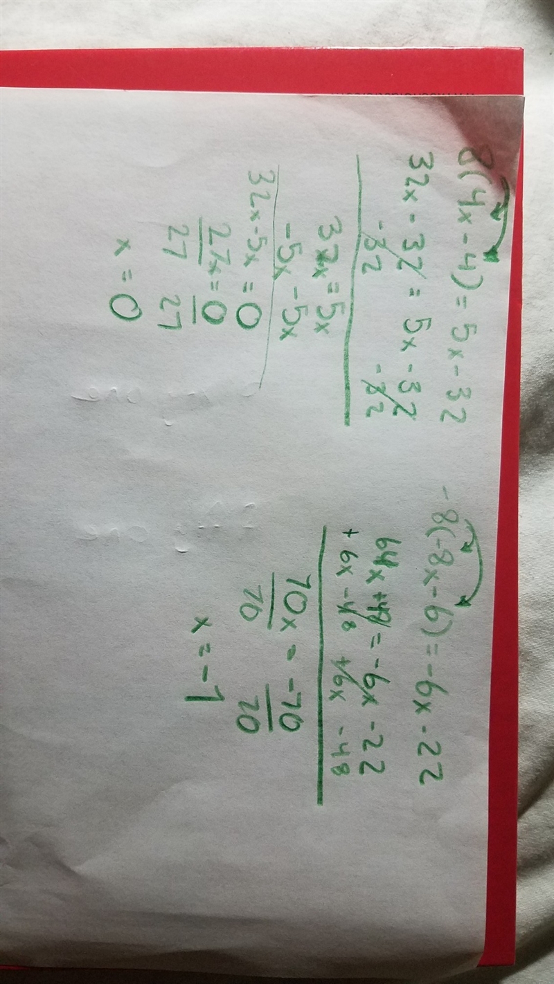 8(4x-4)=-5x-32 and -8(-8x-6)=-6x-22 With steps-example-1