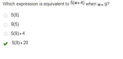 Which expression is equivalent to 5(w+4) when w=9-example-1