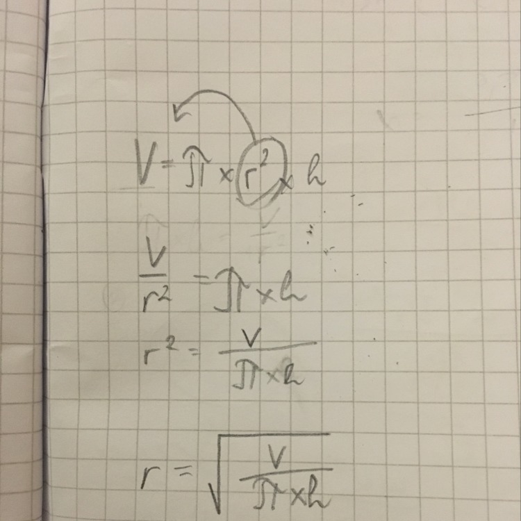 Make r the subject of the formula: V=πrSquaredh-example-1