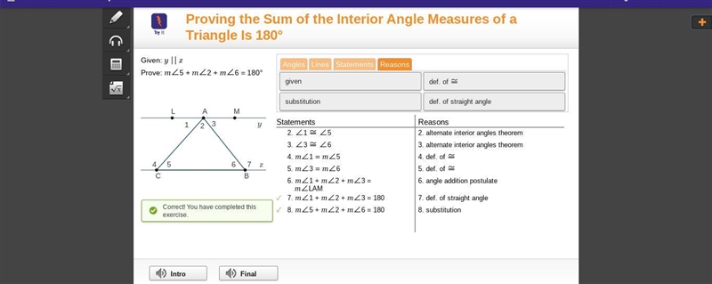 Prove that the sum measures of the interior angles of a triangle is 180-example-1