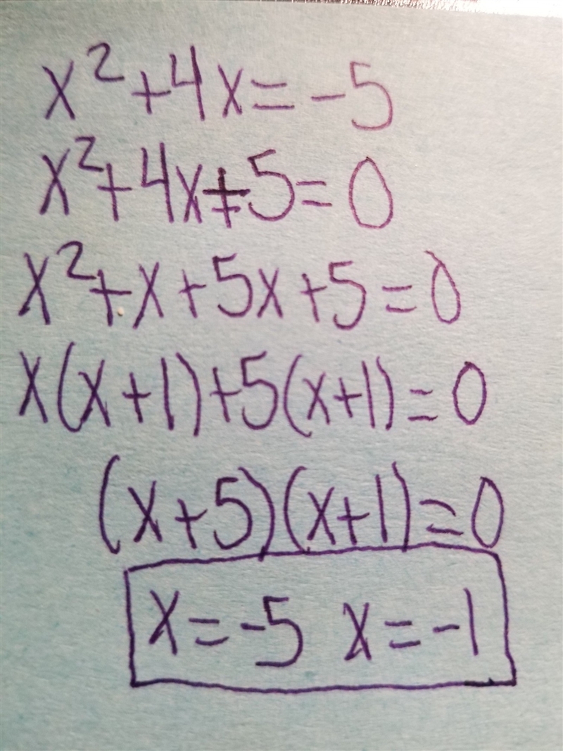 Please solve the following for x and show all of your steps: x2+4x=−5-example-1