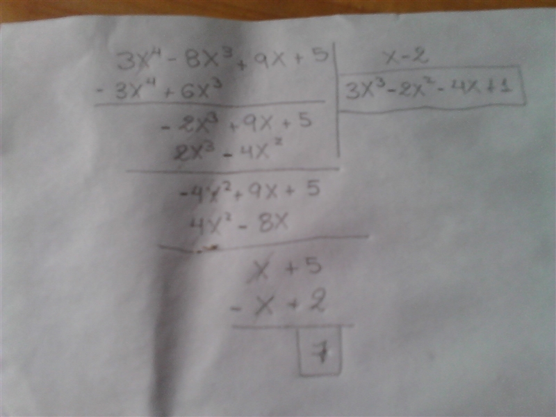 Use synthetic division to find the quotient and remainder of (3x^(4)-8x^(3)+9x+5)+(x-example-1