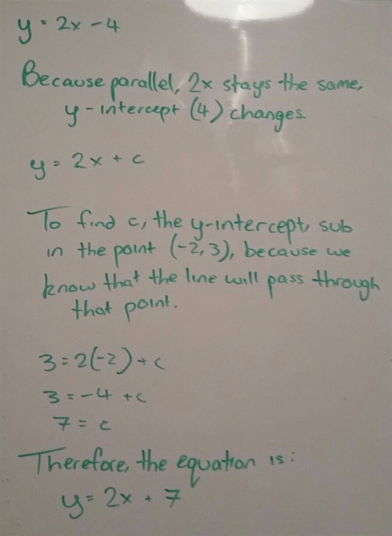 Petra needs to find the equation of a line through (–2, 3) that is parallel to the-example-1