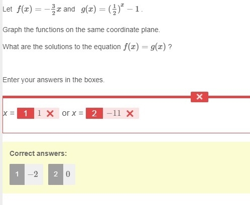 Let ​​ f(x)=−32x and ​ g(x)=(12)x−1 . Graph the functions on the same coordinate plane-example-1