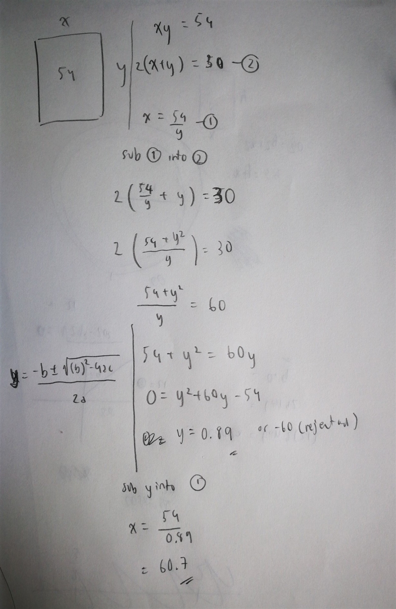 The area of the surface of a workbook is 54 square inches. the perimeter is 30 inches-example-1