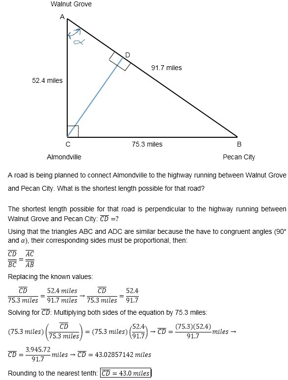 The highway forming three cities form a right triangle.Walnut Grove is 91.7 miles-example-1