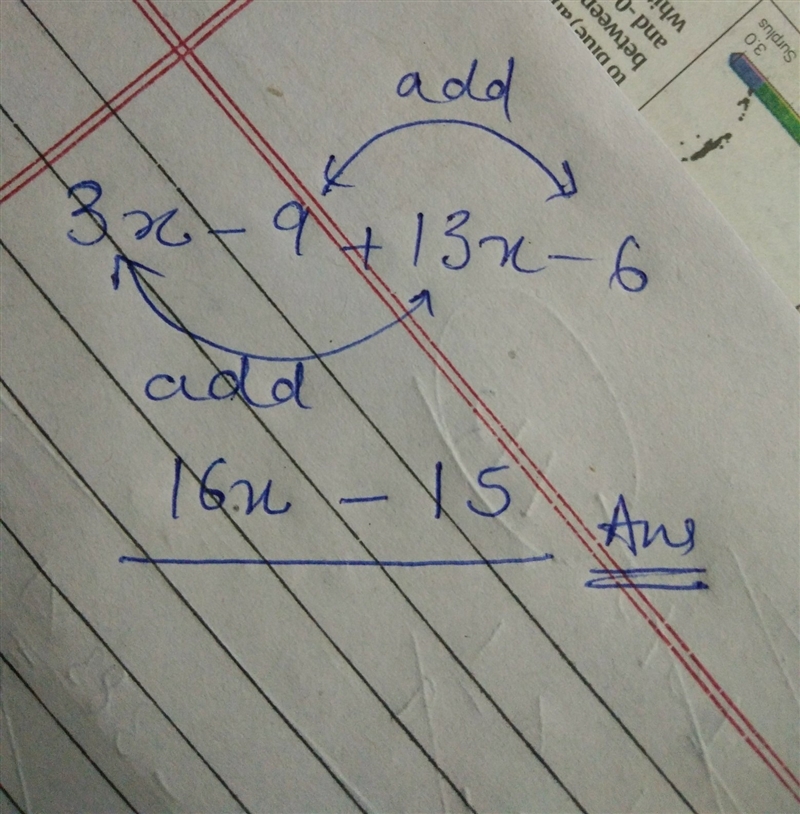 Simplify: 3x - 9 + 13x - 6 Please solve this for me! it's probably easy for a lot-example-1