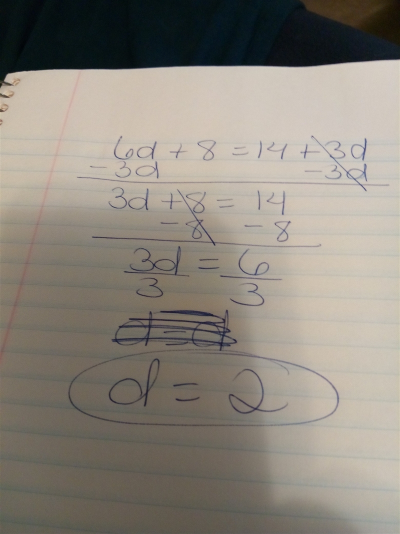 Determine whether the equation 6d+8=14+3d has one solution, no solution, or infinitely-example-1