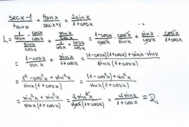 How does sec(x)-1/tan(x) + tan(x)/sec(x)+1 = 2sin(x)/1+cos(x)-example-1