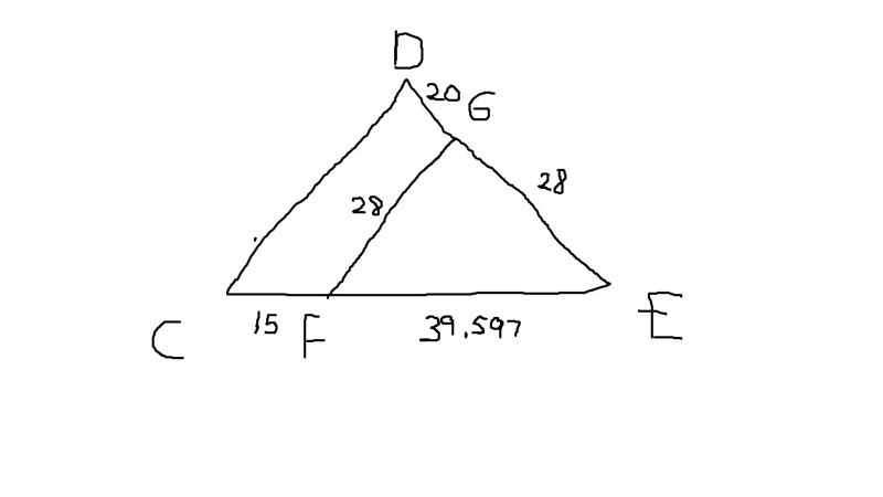 In triangle CDE, CD || FG. Given that FC=15, GD=20, and Eg=28, find EF.-example-1