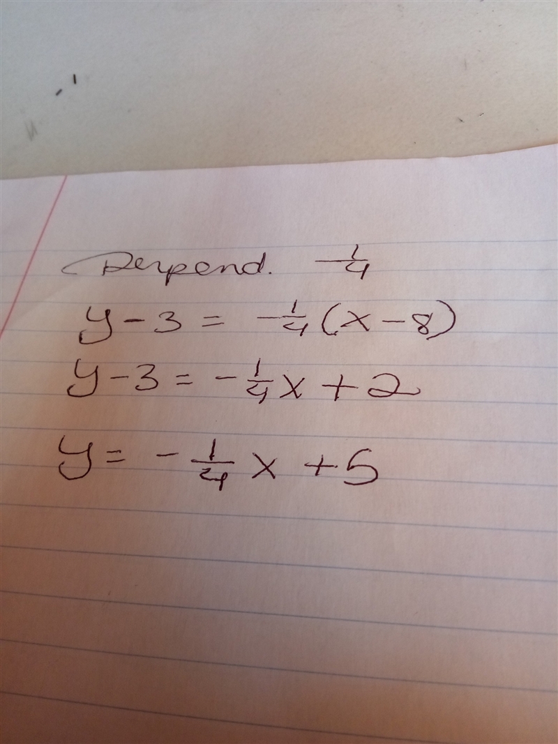 What is the equation of a line that is perpendicular to y= 4x + 5 qnd oasses through-example-1