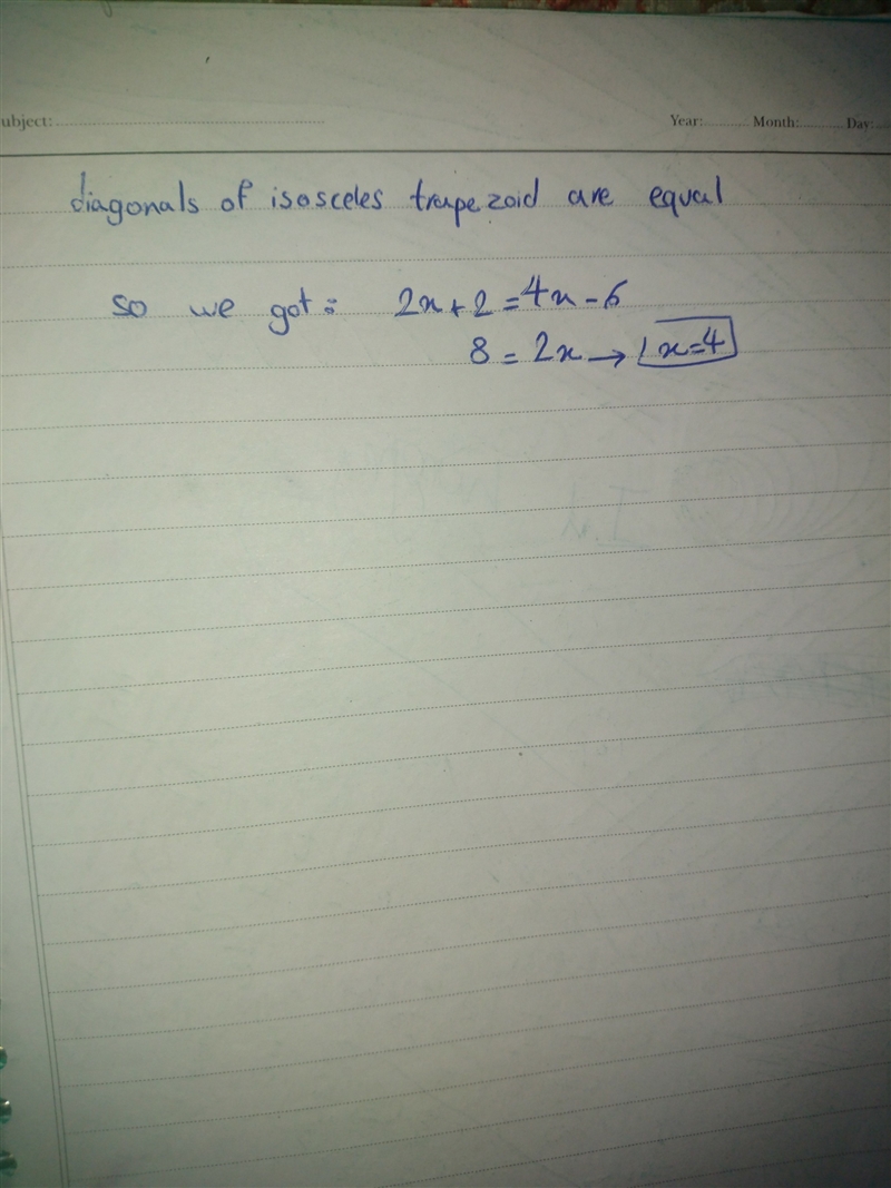 Find the value of x in the isosceles trapezoid if AC = 2x + 2 and DB = 4x - 6-example-1