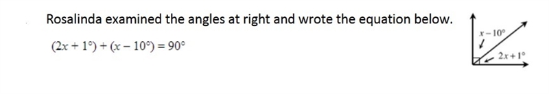 Rosalinda examined the angles at right and wrote the equation below.-example-1