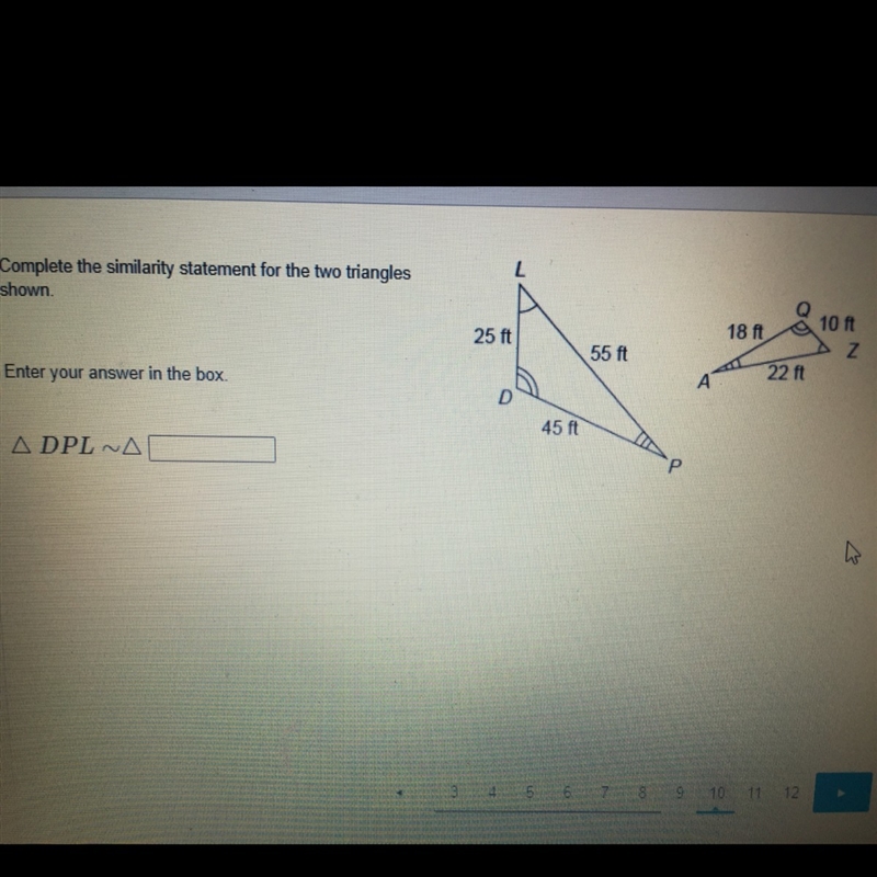 Complete the similarity statement for the two triangles shown. Enter your answer in-example-1