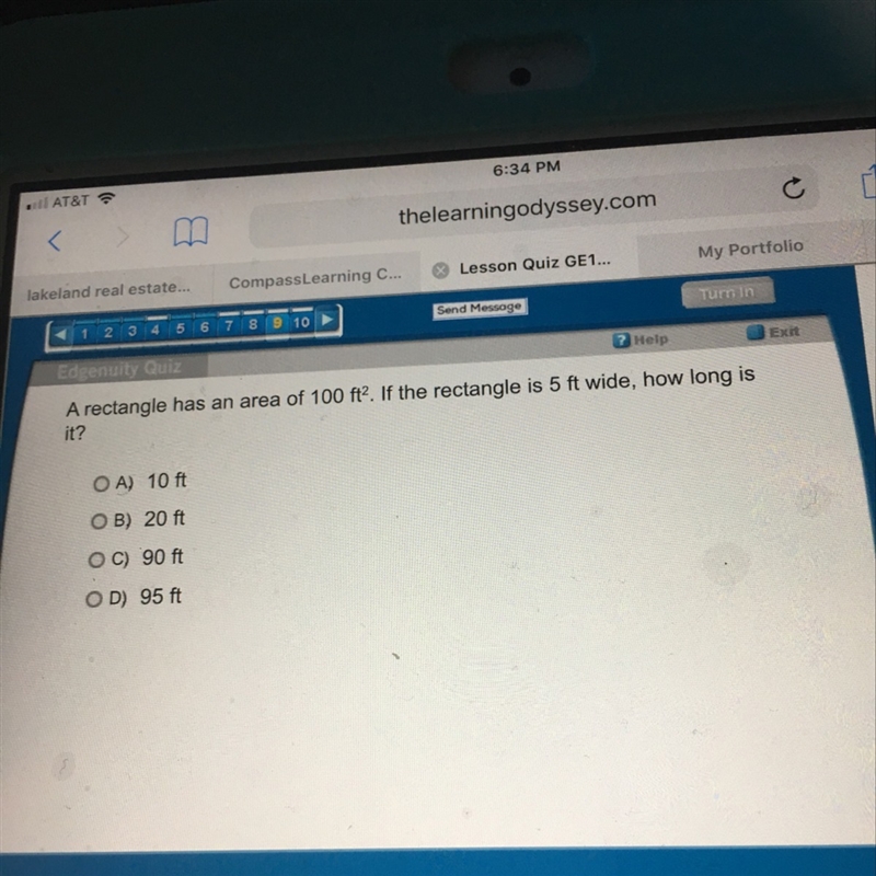 A rectangle has an area of 100 ft^2 if the rectangle is 5 ft wide how long is it ?-example-1