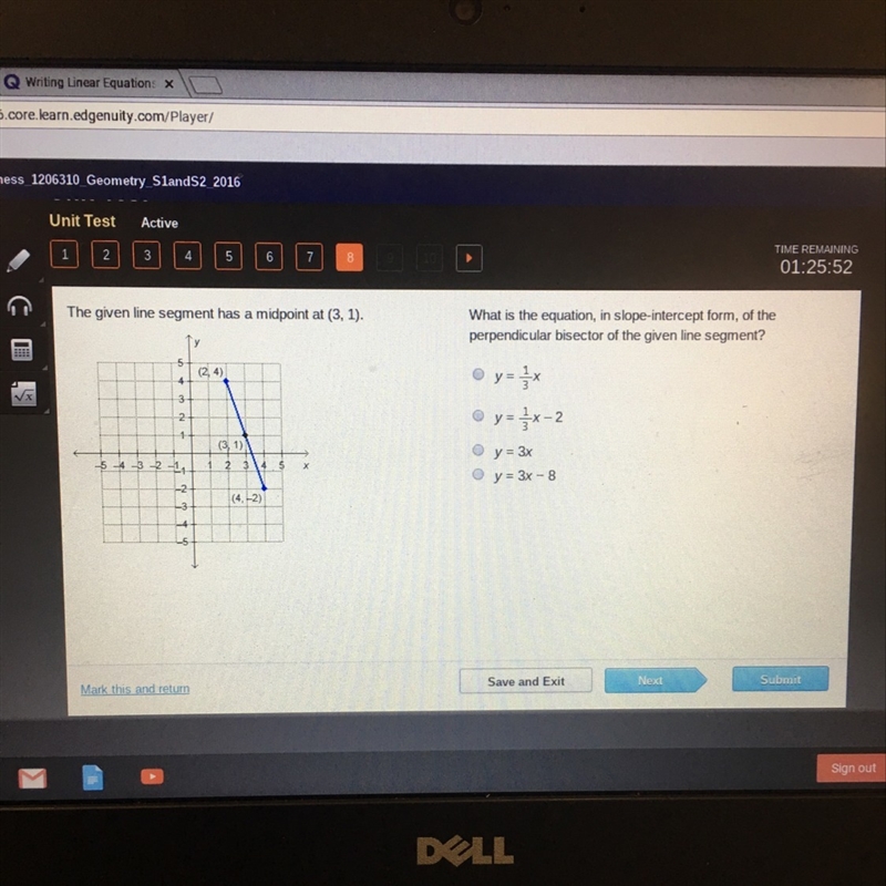 The given line segment has a midpoint at (3,1) What is the equation, in slope-intercept-example-1