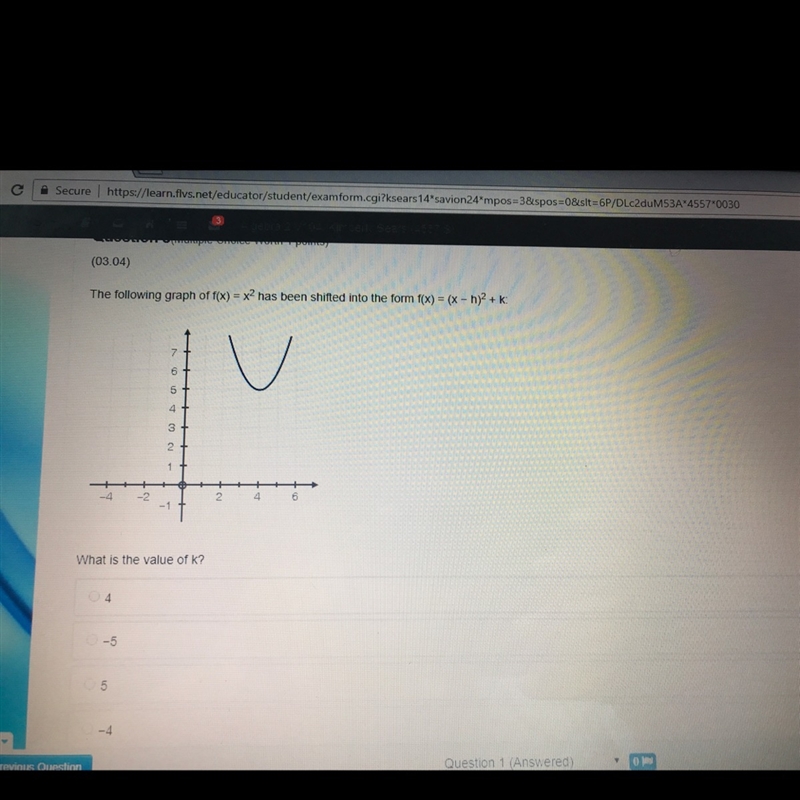 The following graph of f(x)=x2 has been shifted into the form f(x)= (x-h)^2+k-example-1