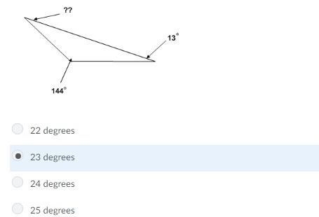 What is the measure of the missing angle in the figure below? I chose 23 degrees, is-example-1