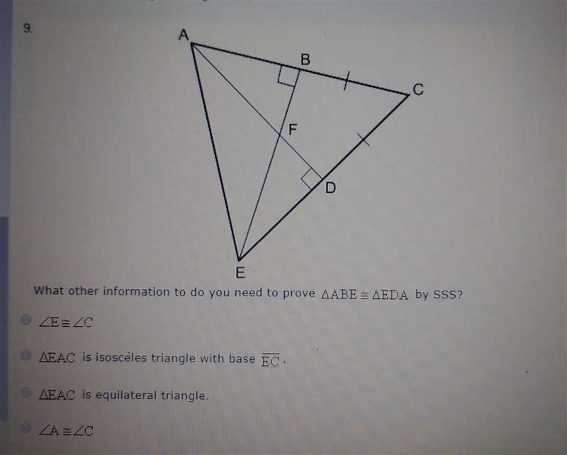 What other information do you meed to prove ΔABE≌ΔEDA by SSS .5pts-example-1