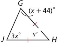 Find the measure of x and y in the isosceles triangle shown below: x=22, y=136 x=22, y-example-1