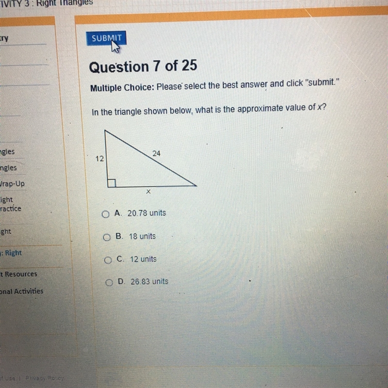 In the triangle below what is the approximate value of x-example-1