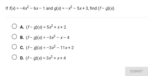 If f(x)=-4x^2-6x-1 and g(x)=-x^2-5x+3 find (f – g)(x)-example-1