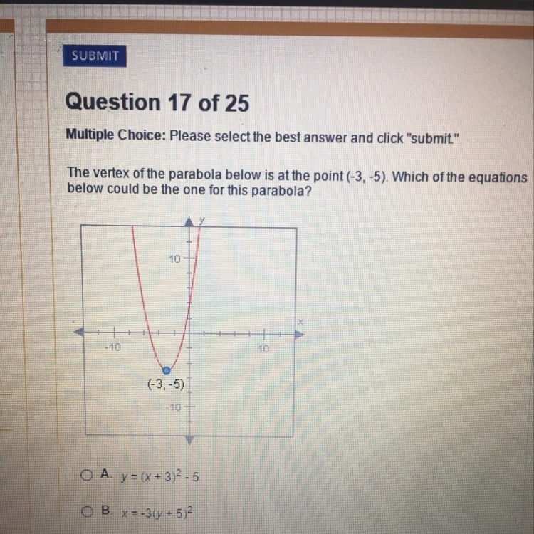 A. y = (x+3)^2-5 B. x = -3(y+5)^2 C. y = (x-5)^2+3 D. y = (x+3)^2+5-example-1