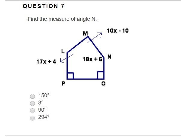 Find the measure of angle N. 150° 8° 90° 294°-example-1