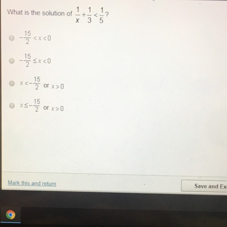 What is the solution of 1/x+1/3<1/5-example-1