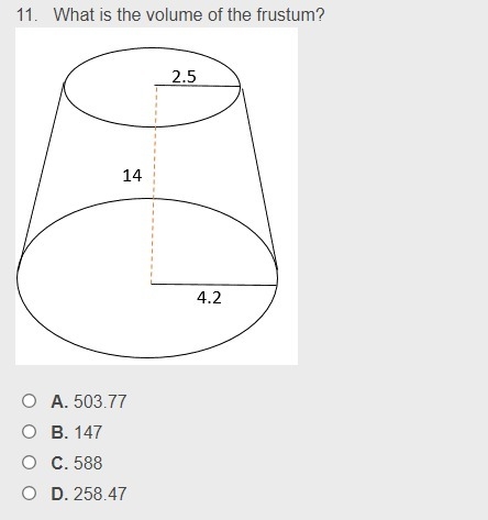 What is the volume of the frustum? A. 503.77 B. 147 C. 588 D. 258.47-example-1