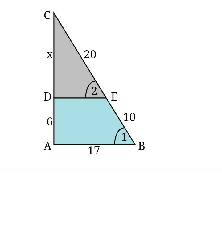 ΔABC​ ~ ΔDEC. ∠1 and ∠2 have the same measure. Find DC and. DE (Hint: Let DC = x and-example-1