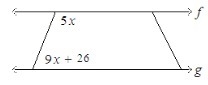 5. Find the value of x. The diagram is not to scale. Lines F and G are parallel.-example-1