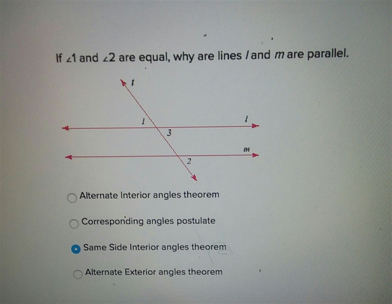 If 1 and 2 are equal, why are lines l and m are parallel.-example-1