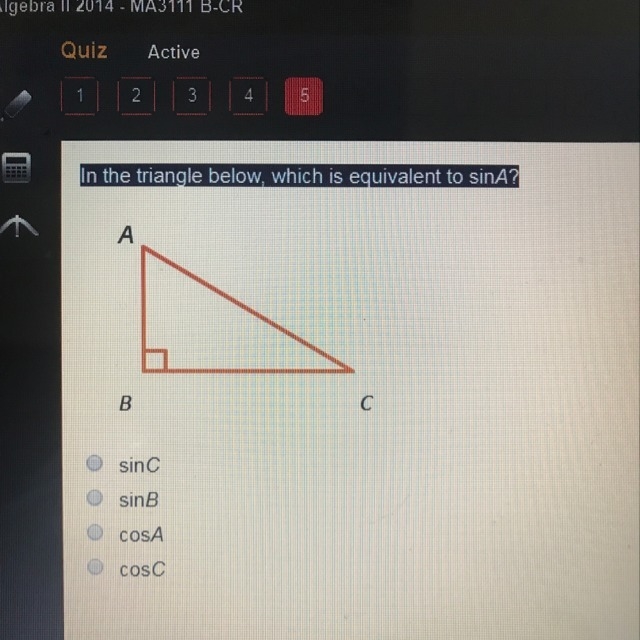 In the triangle below, which is equivalent to sinA?-example-1