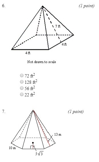 For problems 6-7, find the surface area of the regular rpyramids shown to the nearest-example-1